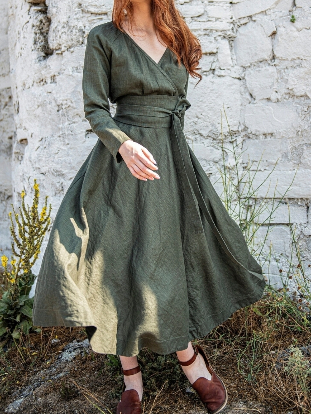 Handsewn Heavyweight Midi Linen Wrap Style Dress Made By VisibleArt On Etsy S: M - Picture 2 of 16